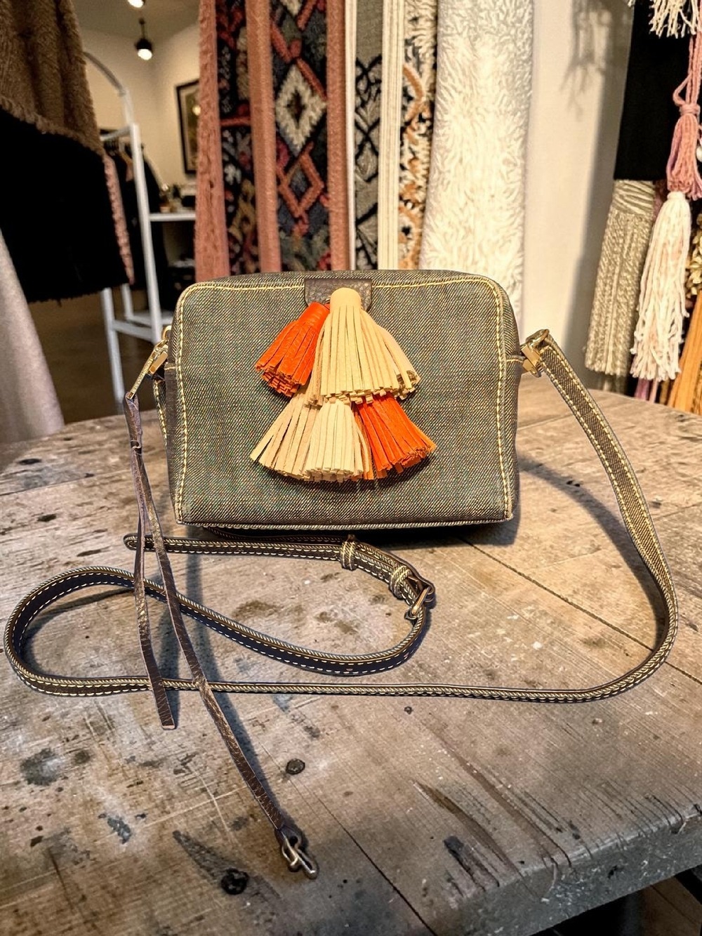 Rebecca Minkoff Mini Sofia Denim Crossbody Bag with Orange and Cream Tassels - Picture 3 of 11